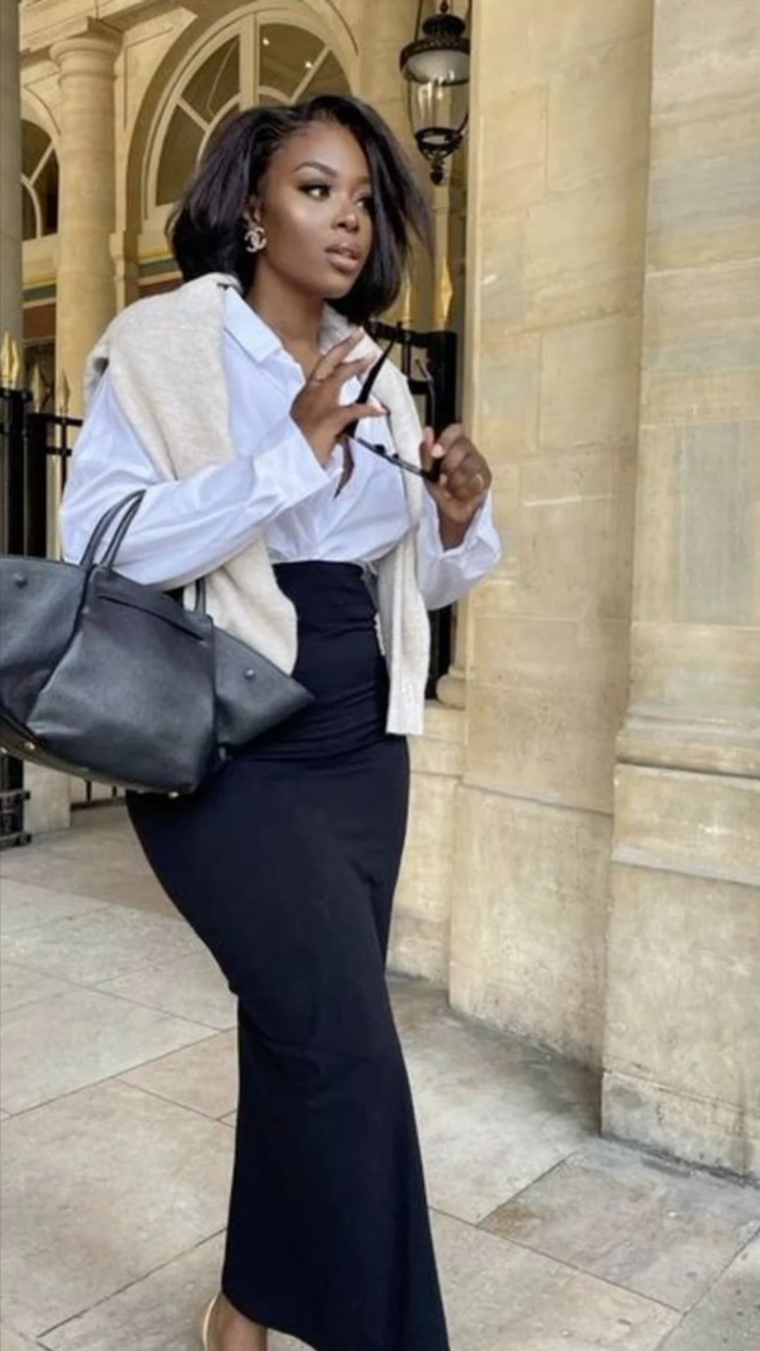 White Shirt, Maxi Skirt & Draped Cardigan