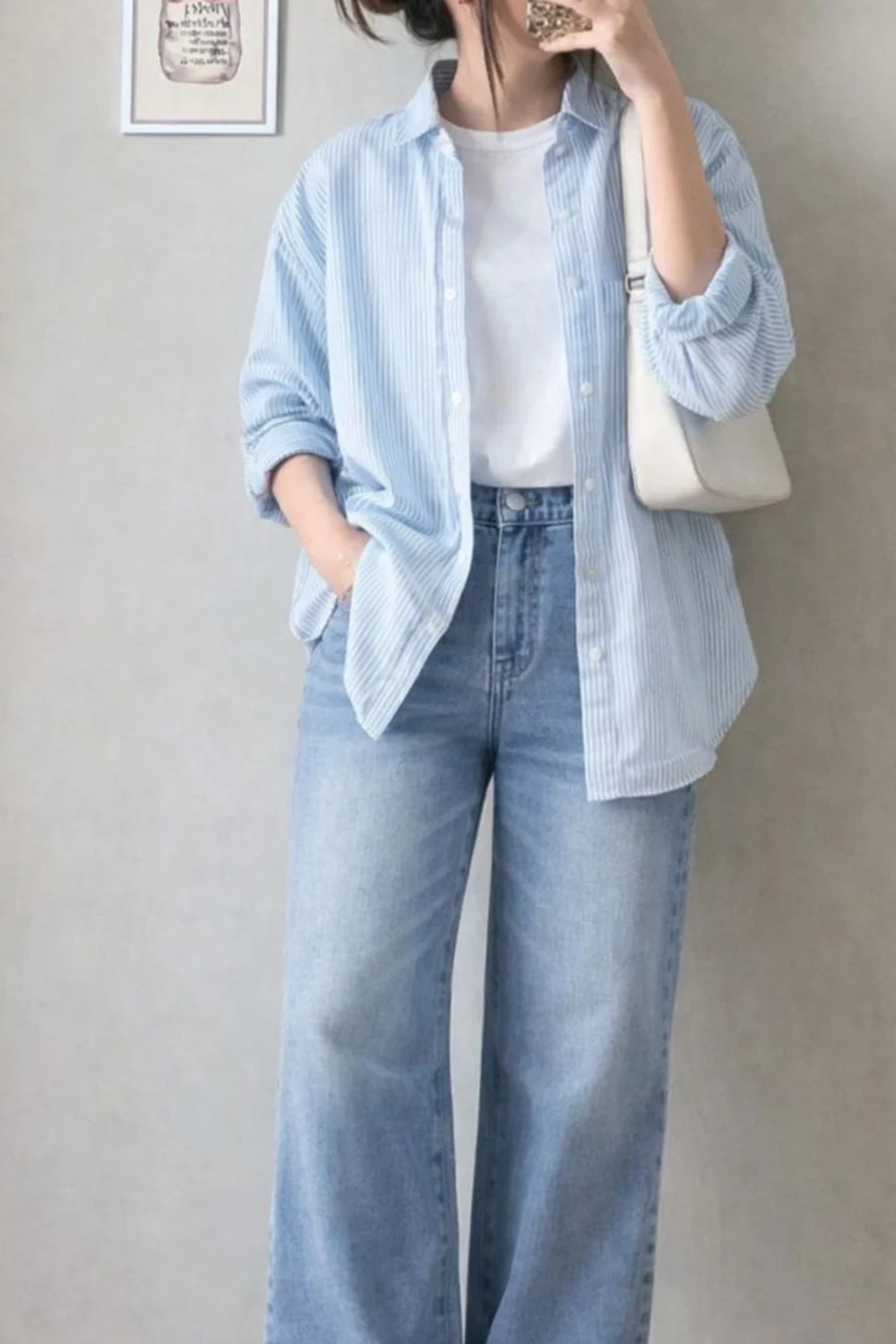 Casual Friday outfit with light blue striped oversized shirt layered over white tee and jeans