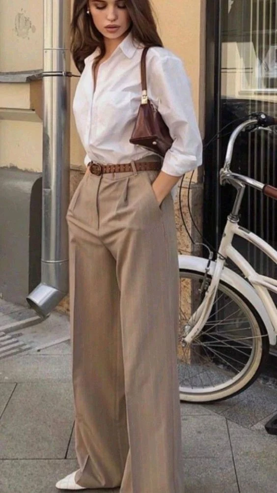 European street style outfit with white oversized shirt khaki wide leg pants and brown belt