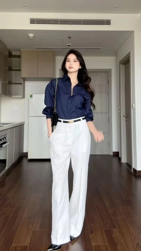 Corporate baddie outfit wearing navy blue oversized shirt and white high waist wide leg pants with black belt