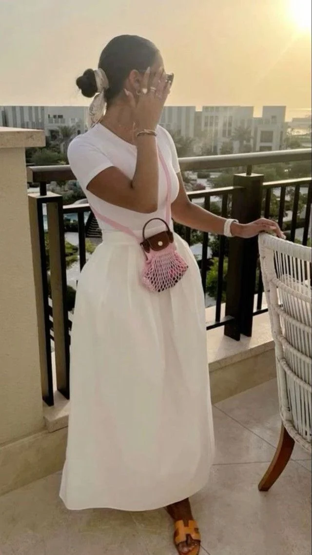  White Maxi Skirt & Pink Mesh Bag (Resort/Vacation)