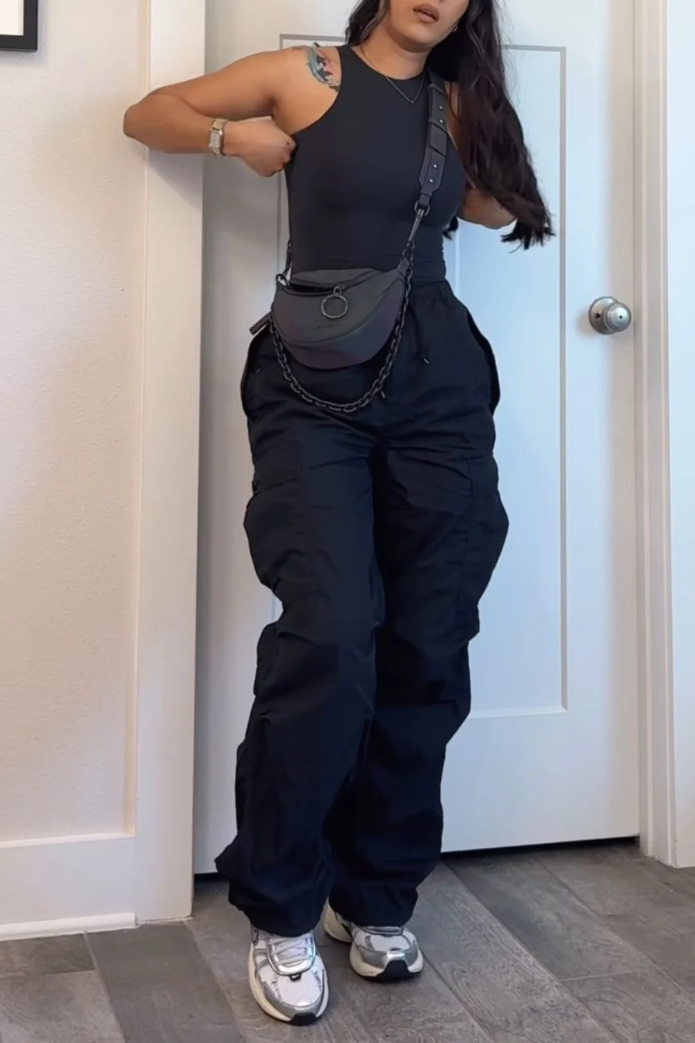 Black and silver asics outfit idea