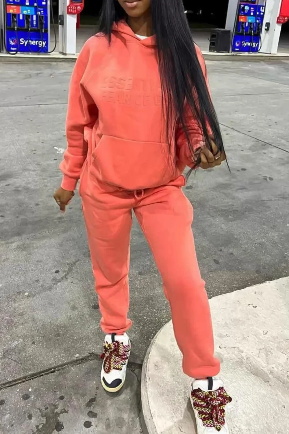 Coral essentials hoodie outfit inspo