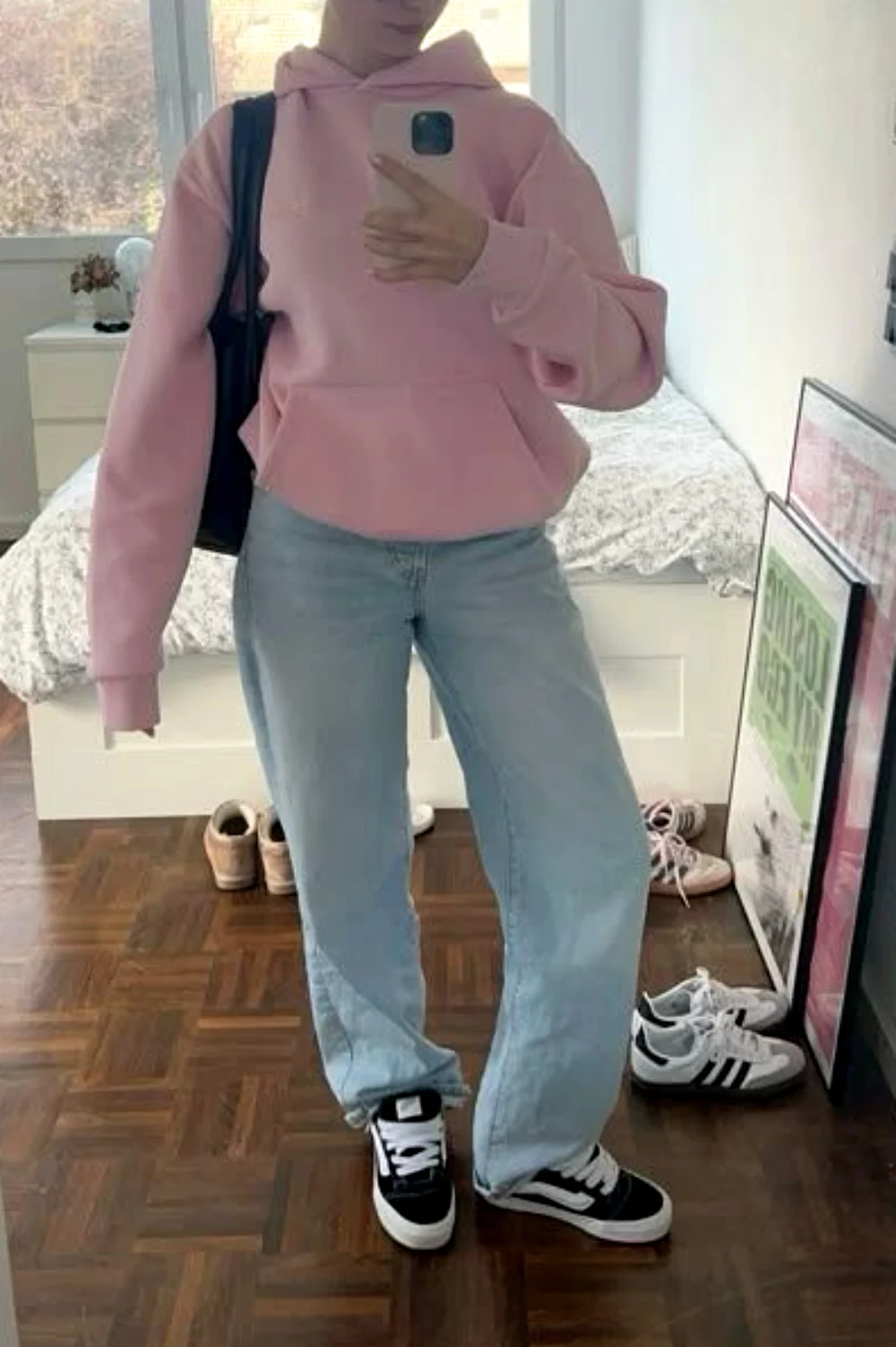Pink essentials hoodie outfit