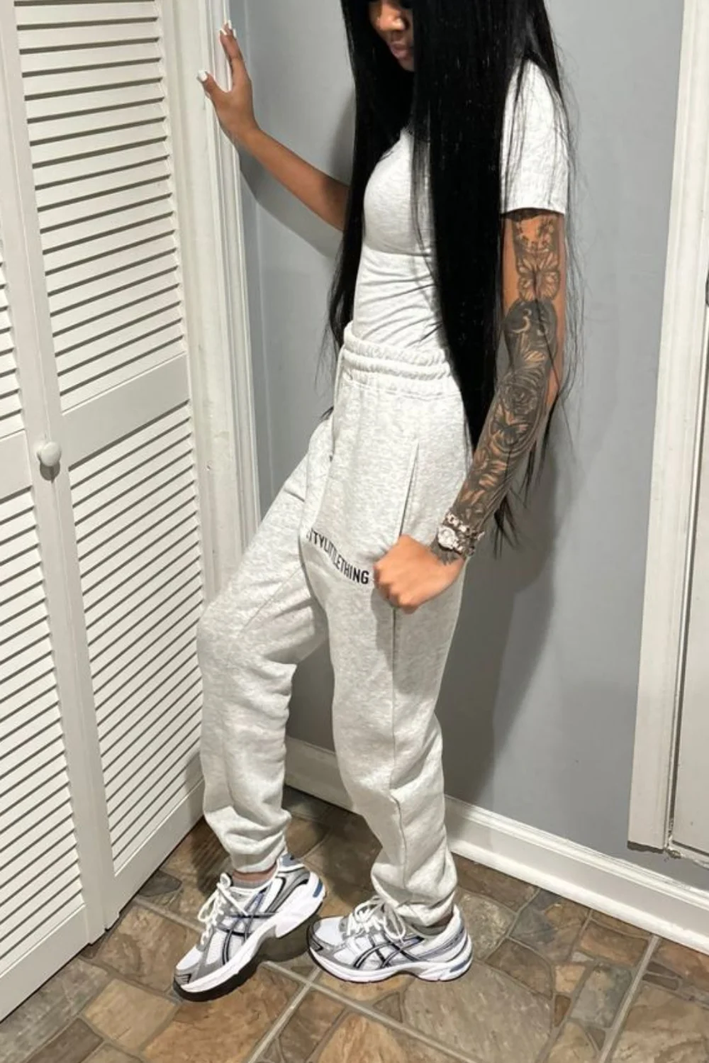 Silver asics outfit idea