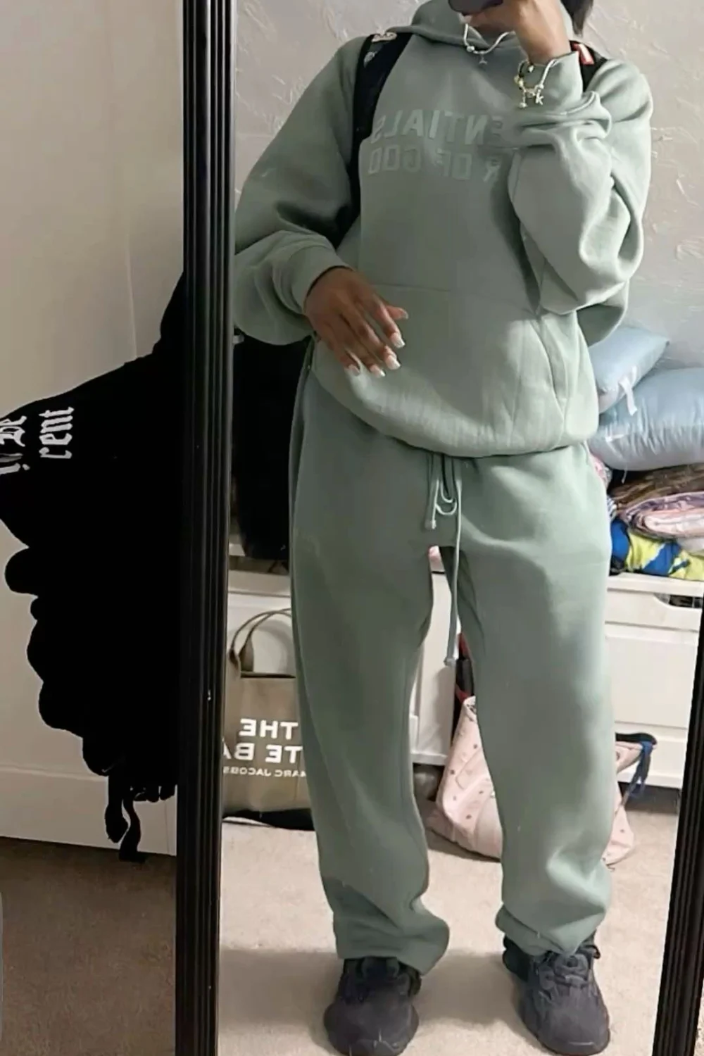 Teal essentials hoodie outfit